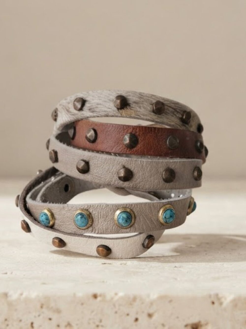 Leather Studded Wrap Bracelet Set Brown White Turquoise Boho Western One Size - Picture 3 of 9